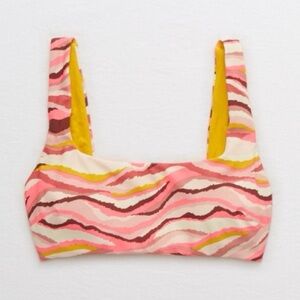 Aerie Swim Wide Strap Scoop Bikini Top Tie Bottom Pink Yellow Tiger Stripe Set